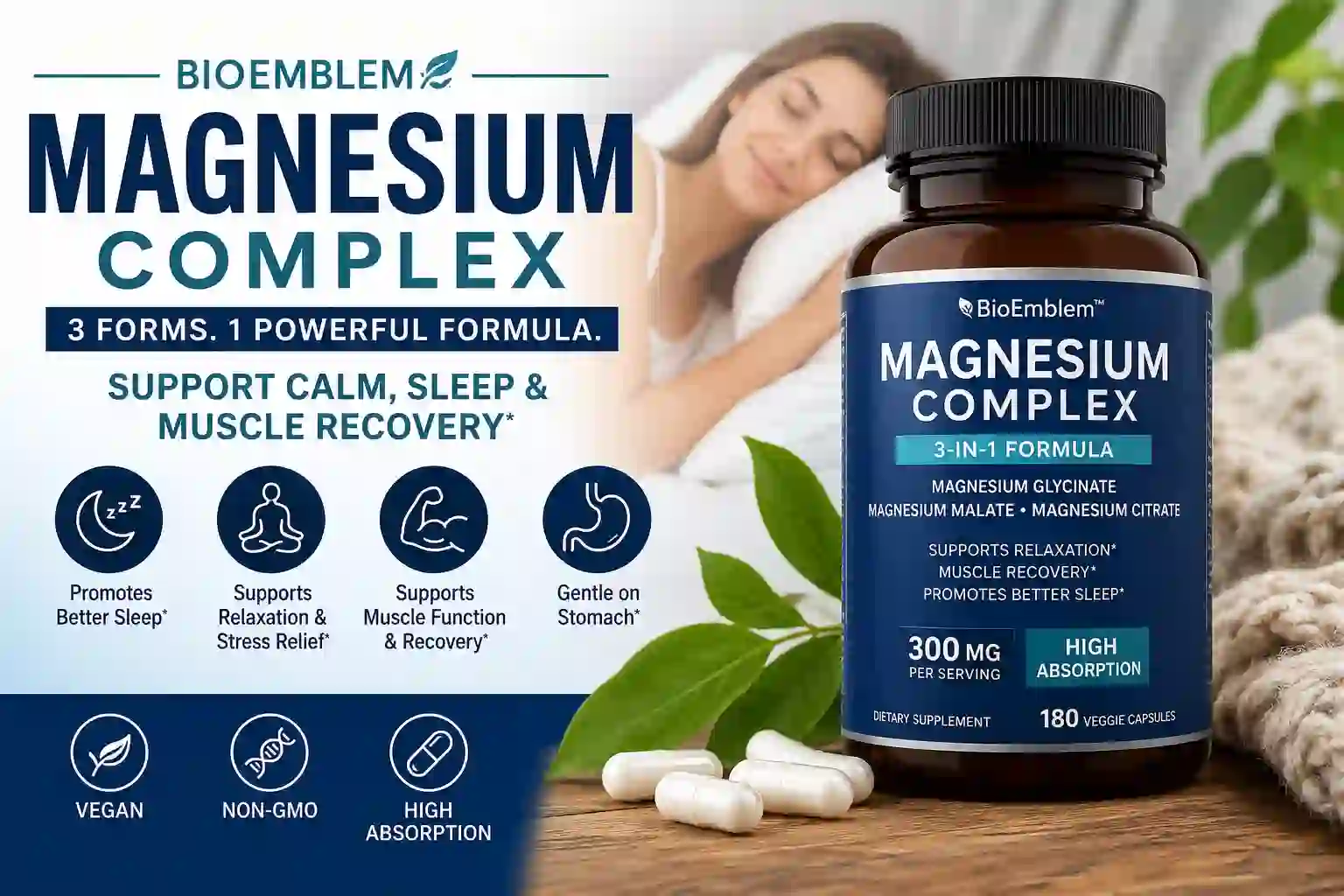 BioEmblem Magnesium Complex supplement bottle featuring magnesium glycinate, citrate, and malate for sleep support, relaxation, and muscle recovery.