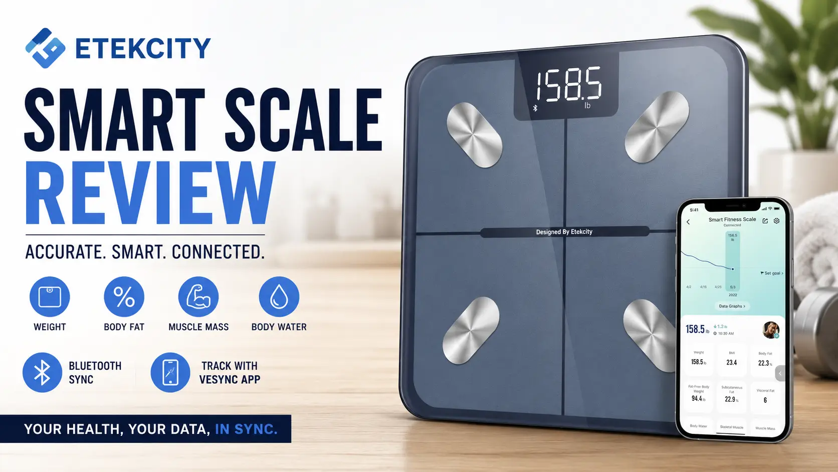Etekcity Smart Scale Review featuring Bluetooth body fat scale with VeSync app tracking
