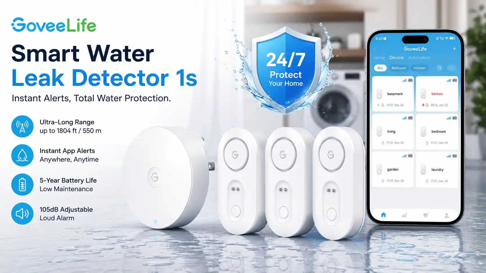GoveeLife Smart Water Leak Detector 1s with wireless sensors and mobile app monitoring