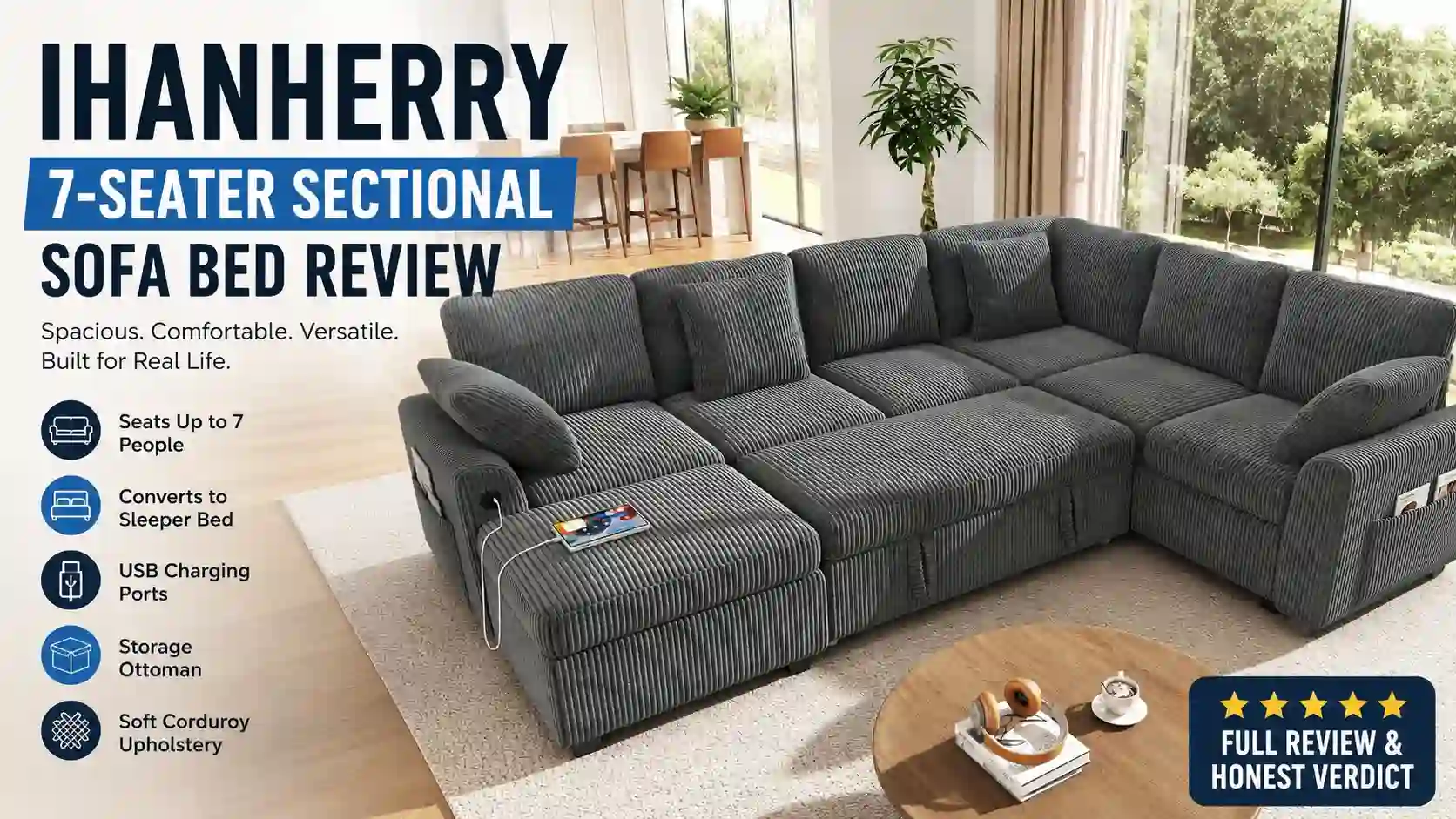 Ihanherry 7-Seater Sectional Sofa Bed in Gray Corduroy with Sleeper Function and Storage Ottoman