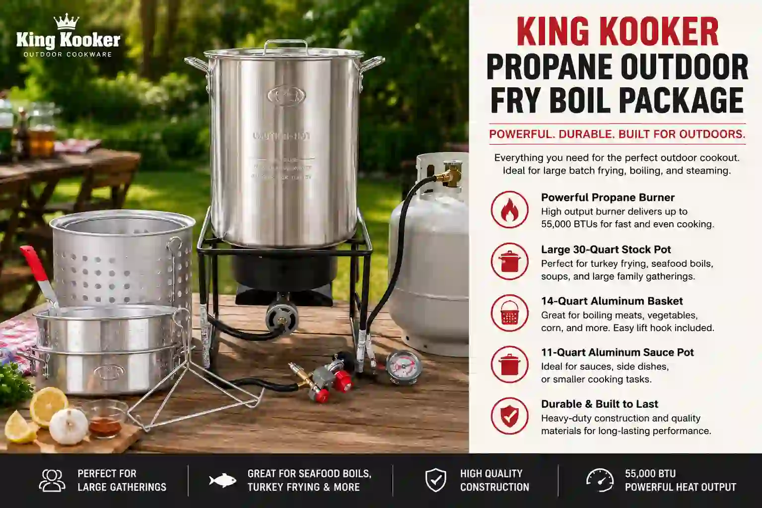 King Kooker propane outdoor fry boil package with propane burner, stock pots, and seafood boiling setup