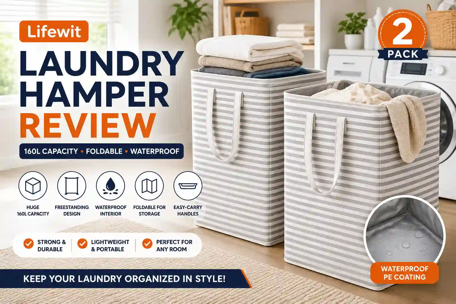 Lifewit large collapsible laundry hamper with waterproof interior and foldable design for laundry storage