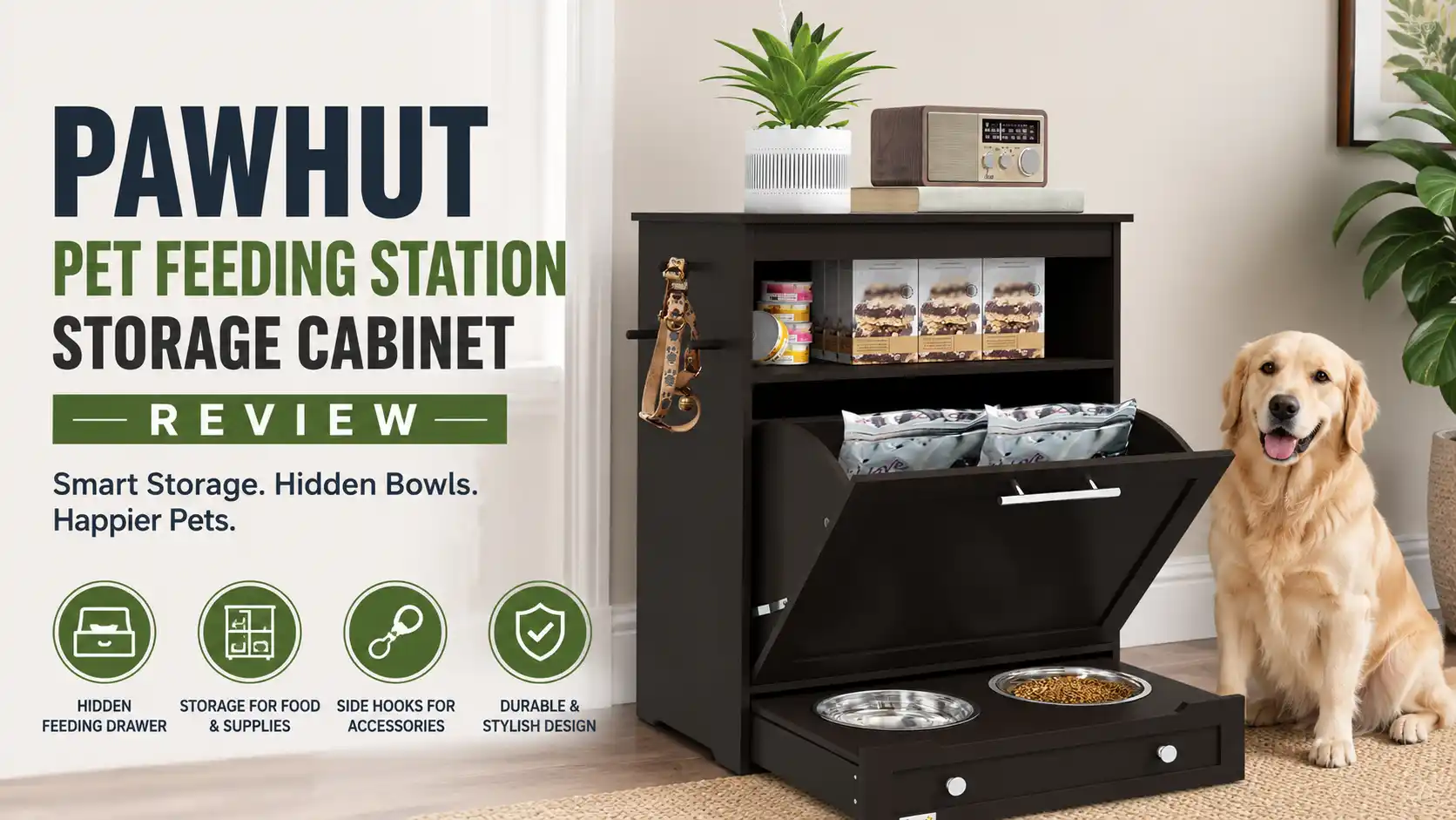 PawHut pet feeding station storage cabinet with hidden dog bowls, food storage compartment, and leash hooks