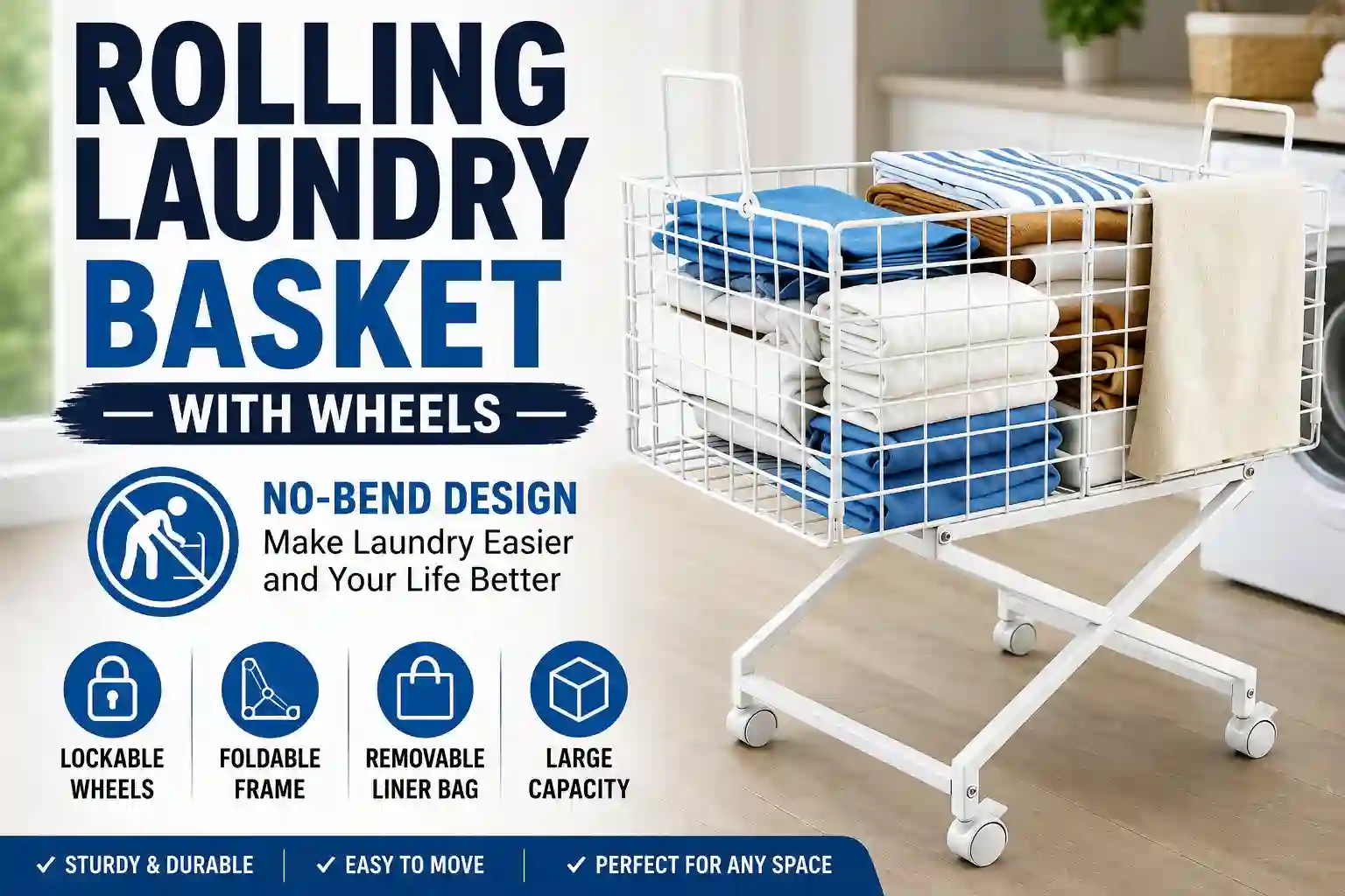 Rolling laundry basket with wheels featuring elevated no-bend design, sturdy wire frame, large capacity storage basket, and smooth rolling caster wheels.