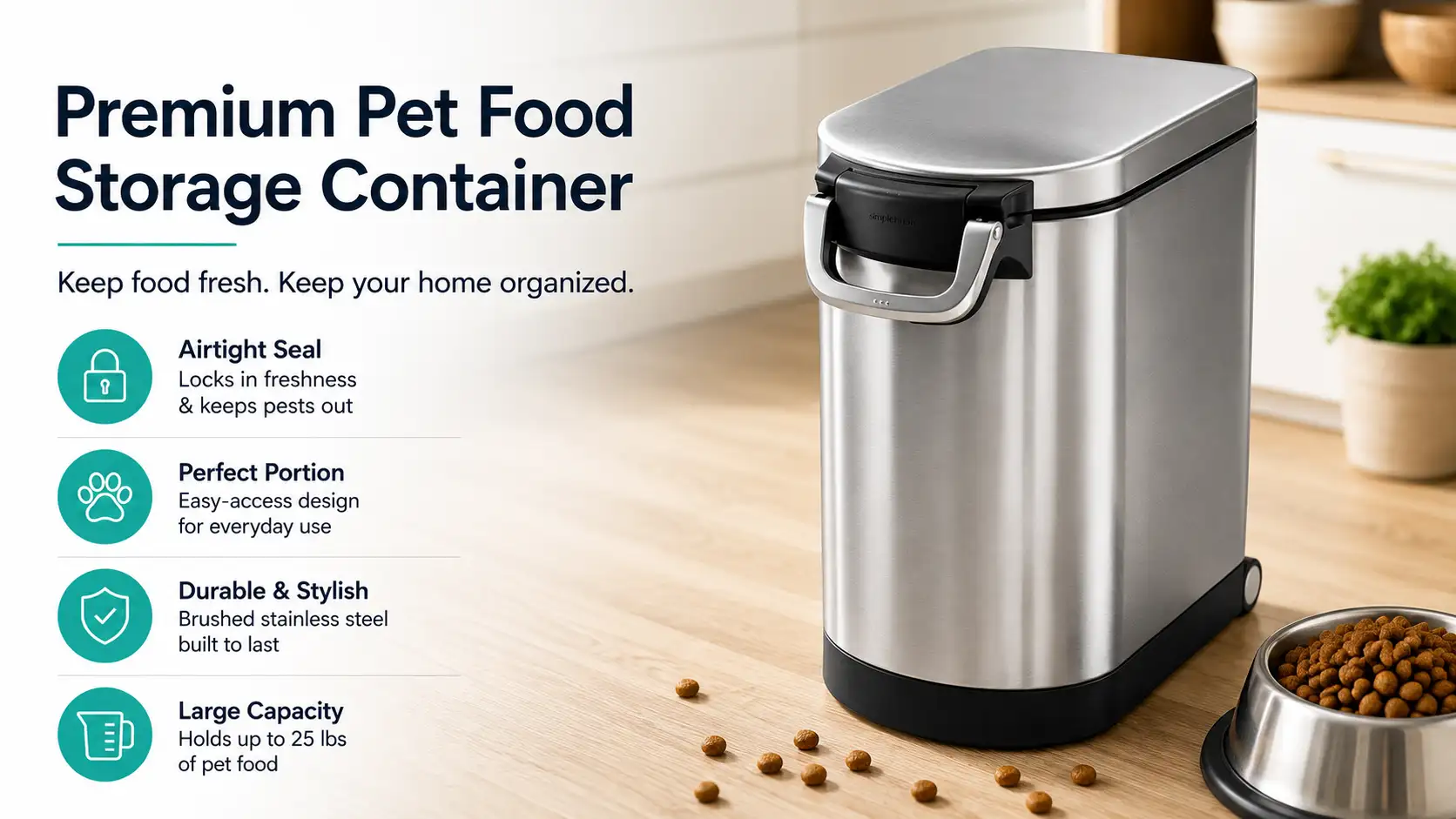 Simplehuman large stainless steel pet food storage container with airtight lock-tight lid and rolling wheels for keeping dry pet food fresh and organized.