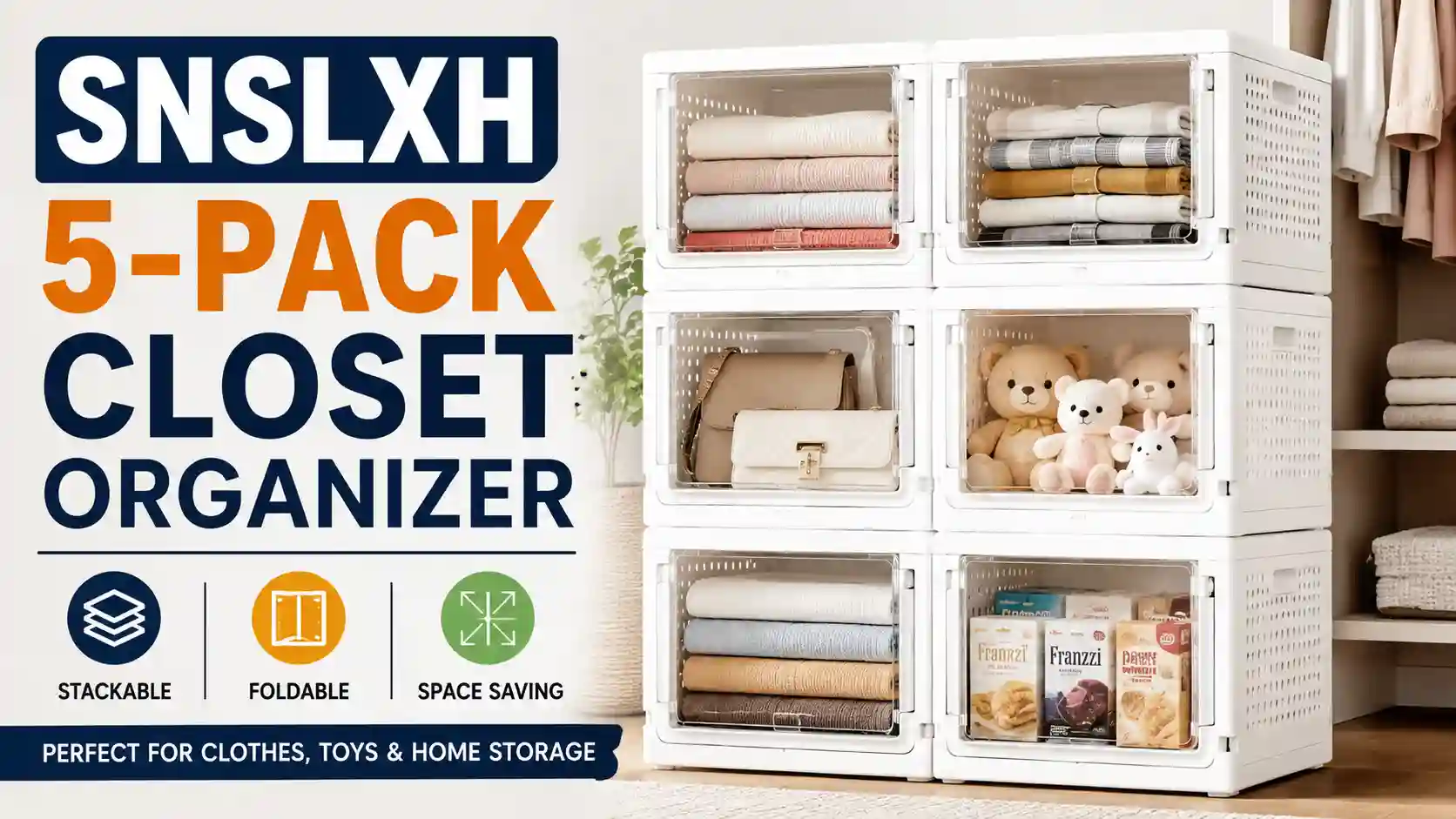SNSLXH 5 Pack Stackable Closet Storage Basket featuring foldable stackable storage drawers for closet organization and home storage