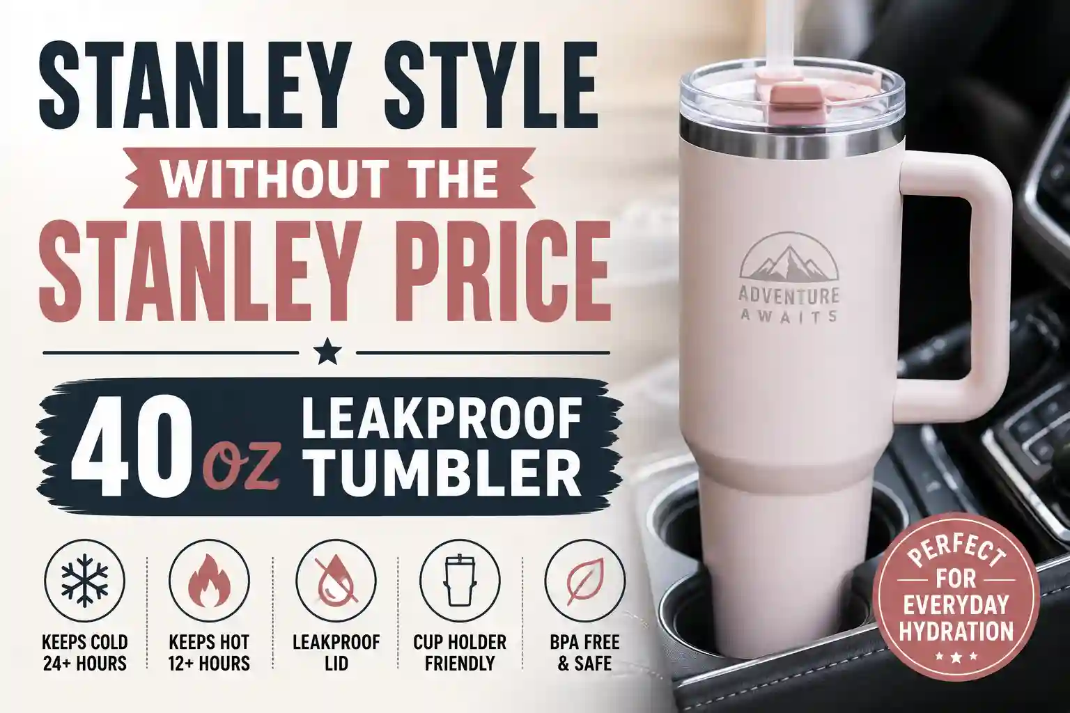 40 oz insulated stainless steel tumbler with handle and straw, Stanley Quencher compatible leakproof travel mug